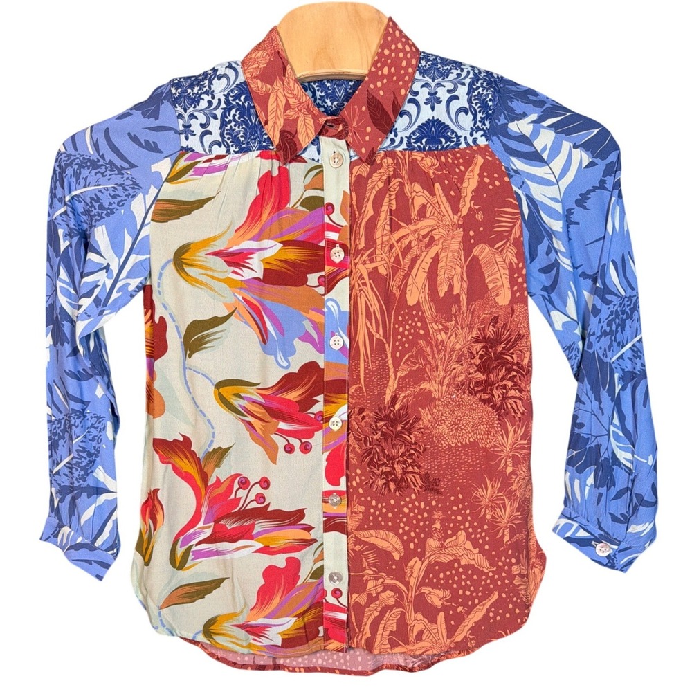 Soft Surroundings Mixed Print Patchwork Button Down Shirt Petite Small 3FR26